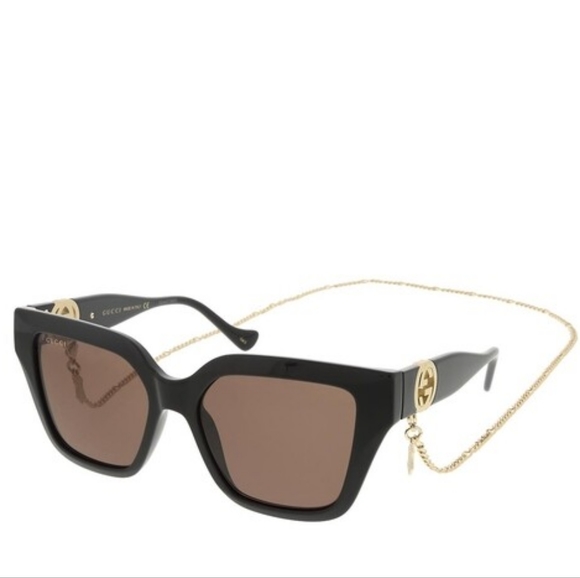 NEW GUCCI CAT-EYE BLACK SUNGLASSES GG1023S 005 GUCCI WITH GOLD CHAIN - Picture 1 of 12